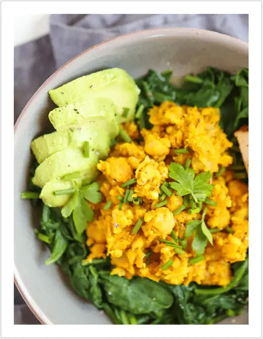 A bowl of food with spinach and avocado.