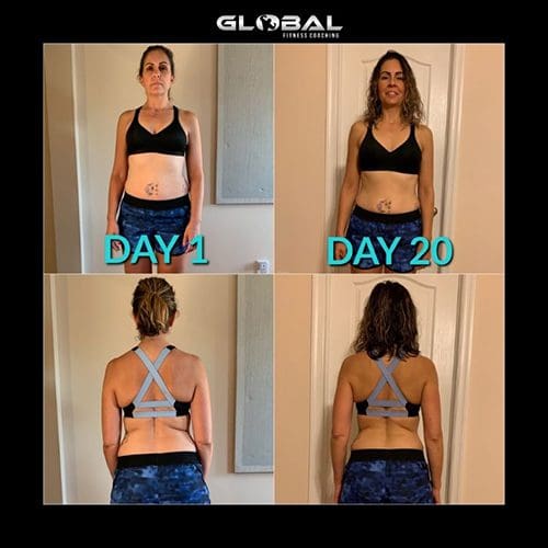 A woman is showing off her progress in four different stages.
