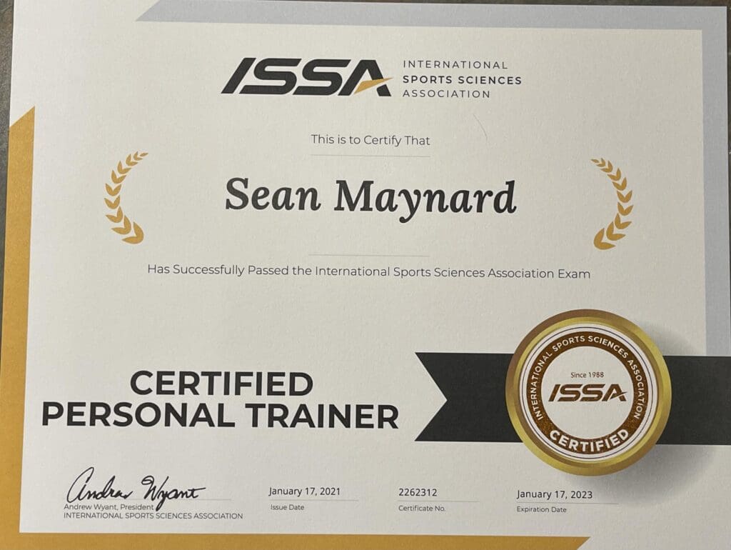 A certificate of personal training for sean maynard.