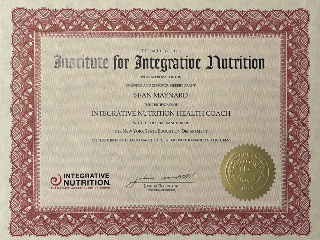 A certificate of completion for an integrative nutrition health coach.