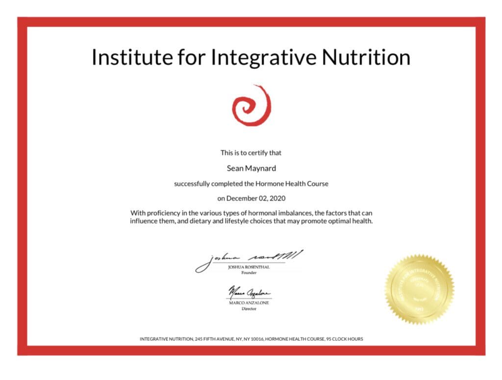 A certificate of completion for an integrative nutrition course.