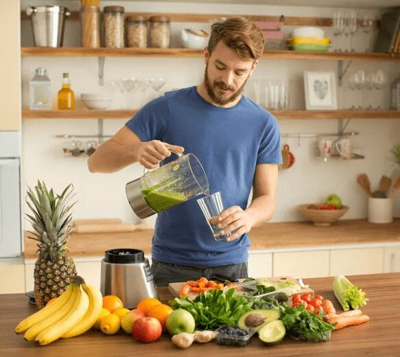 A man pouring green juice into a blender.