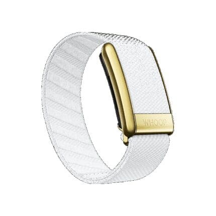 A white and gold bracelet with a metal clasp.